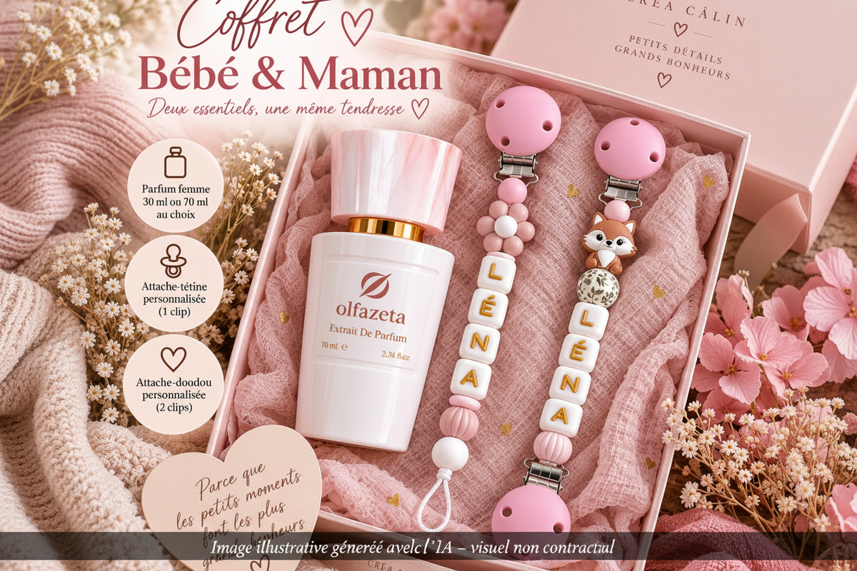 Coffret Bébé & Maman – Attache-tétine + Attache-doudou + Parfum