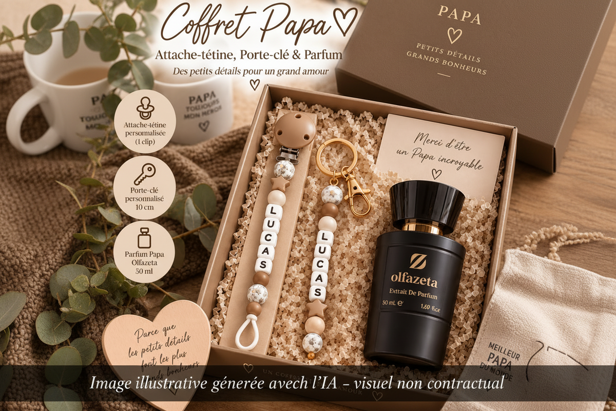 Coffret Bébé & Papa – Attache-tétine + Porte-clé + Parfum