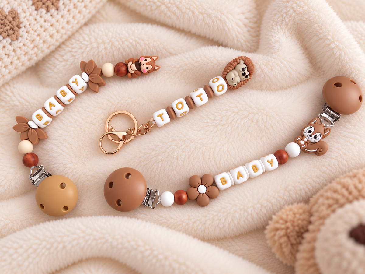 Coffret Bébé – Attache-doudou + Attache-tétine + Porte-clé